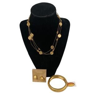 Talbots Basket Weave Jewelry; Necklace Bracelet Clip on Earrings Gold Color NEW